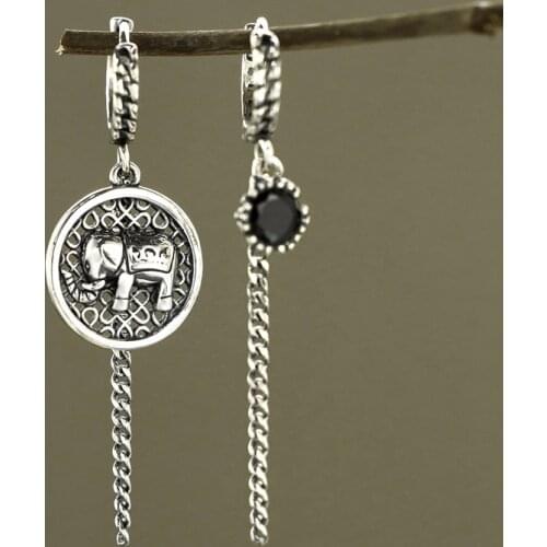 New S925 Vintage Asymmetric Elephant Round Thai Silver Earrings Tassel Chain Earrings Party Accessory Gifts
