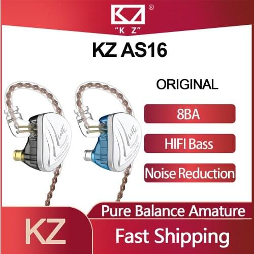 Original KZ AS16 Wired Earphones 16BA Balanced Armature Units HIFI Bass In Ear Monitor Game Earbuds Noise Cancelling Headsets