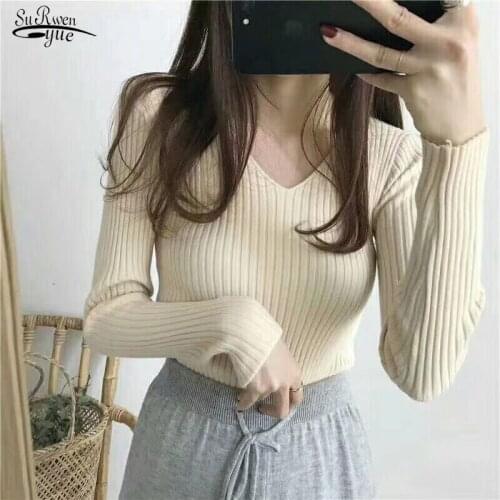 2021 Autumn V-neck Long-sleeve Bottoming Sweater for Women All-match Inner Sweater Women Pure Fashion Short Sweater Women 16034