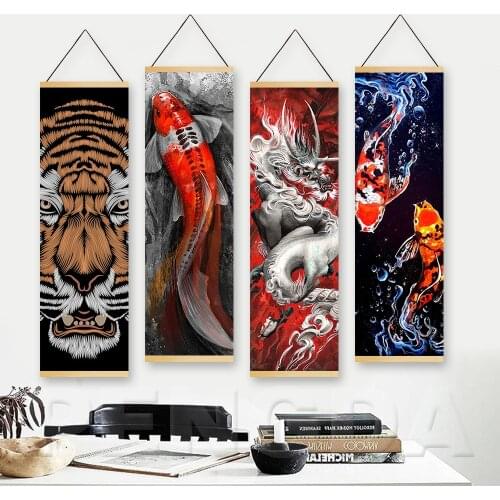 Modern Wall Art Print Art Resplendent Gold Fish Poster Hanging Wooden Scroll Canvas Painting Canvas Poster for Decor Living Room
