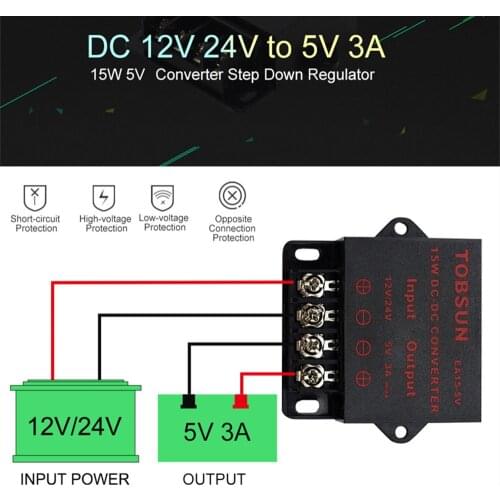 DC 12V 24V to DC 5V 3A 15W Buck Transformer Converter Step Down Voltage Module Regulator Reducer Power Supply for LED TV Solar