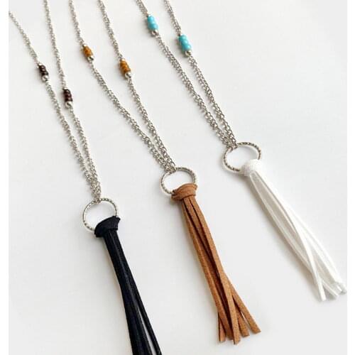 Suede Tassel Pendant Necklace Silver Color Turquoise Wood Beaded Long Chain Bohemian Style Fashion Jewelry Wholesale