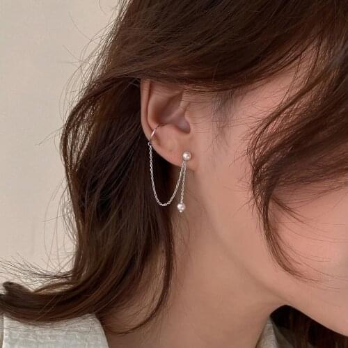 Pearl Beads Tassel Chain Ear Clips For Women Fashion Jewelry Elegant Silver Color Gold Clip Earrings Ladies Charms Jewellery