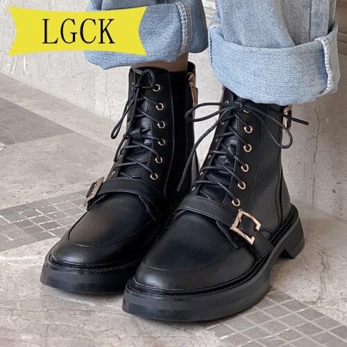 Big Size 34-43 Black Punk Platform Motorcycle Boot Women Lace Up Chunky Heel Martin Boots Women Belt Buckle Designer Shoes Women