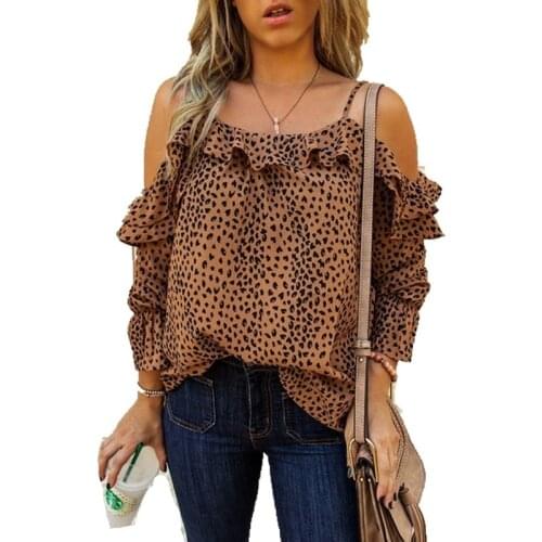 2021 New Summer Long Sleeve Top Elegant Ruffle Print Leopard Round Neck Off Shoulder Sexy Womens Top Large Size Women Clothing