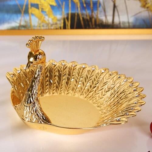 Golden Fruit Basket Bird Embossed Luxury Metal Candy Food Nut Fruit Tray Storage Basket Wedding Hotel Home Desktop Decoration