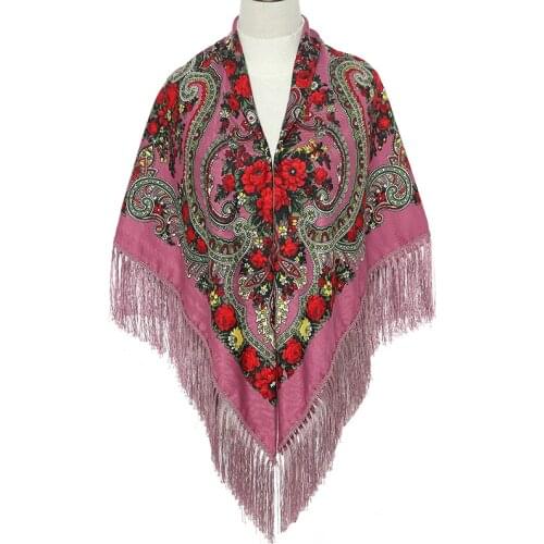 135*135cm Russian National Scarf For Women Floral Print Big Square Scarf Retro Russian Fringed Scarves Muslim Hijab Sjaal