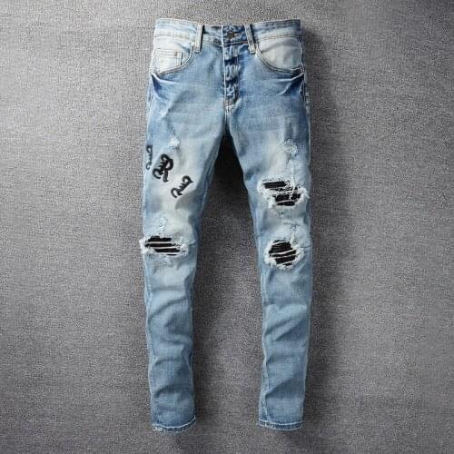 2021 Stitching Hole Ripped Tights Patchwork Embroidery Letter Biker Jean Streetwear Slim Skinny Stretch Denim Motorcycle Pant