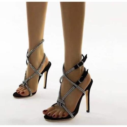 2021 Ladies Shoes 12cm Heeled Sandals Fashion Cross Strappy Rhinestone Sandals Summer Gladiator Sandals Women High Heels Sandals