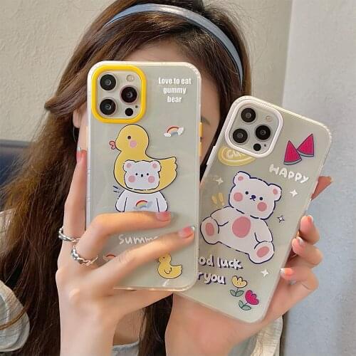 Korea Summer Cartoon Cute Duck&Bear Phone Case for iPhone12 ProMax 11 Pro X XS XR 7 8Plus Shockproof Clear Soft Silicone Cover
