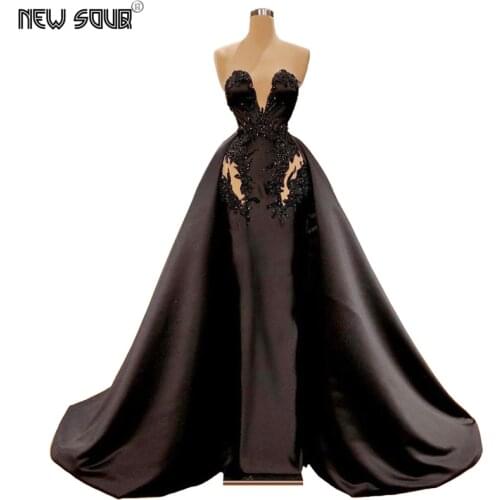 Black Saudi Arabic Formal Party Gown Handmade Vestidos Kaftans Islamic Beading Satin Evening Dresses V Neck Prom Dress For Dubai