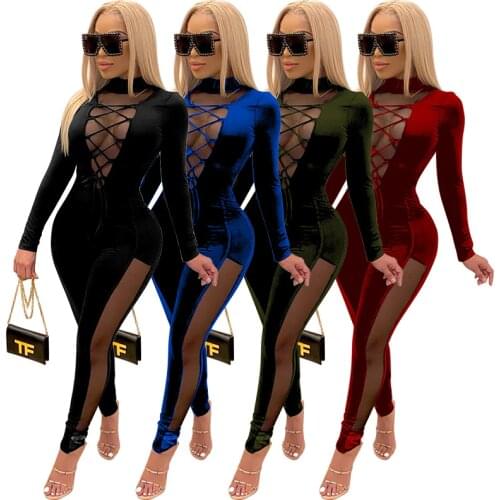 Echoine Mesh Patchwork Velvet Jumpsuit Woman Mock Neck Lace Up Long Sleeve Backless One Piece Overalls Night Club Outfits