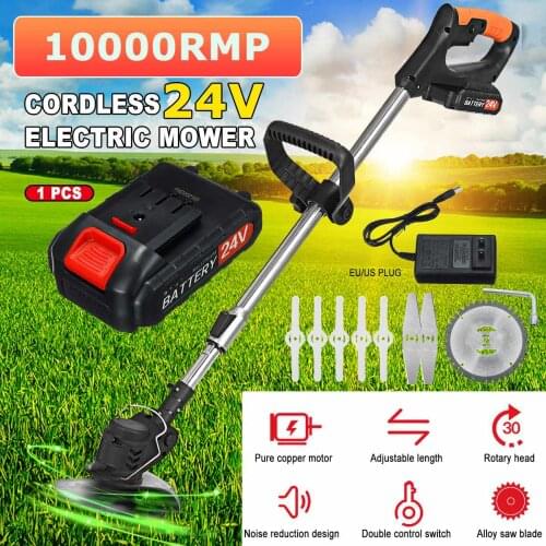 24V 10000RMP Electric Lawn Mower Cordless Grass Trimmer with 2PCS Rechargeable Battery Auto Release String Cutter Pruning Tools
