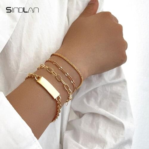Sindlan 4Pcs Punk Gold Chain Bracelet for Women Hip Hop Charms Geometric Set Couple Vintage 2021 EMO Fashion Wrist Jewelry Homme