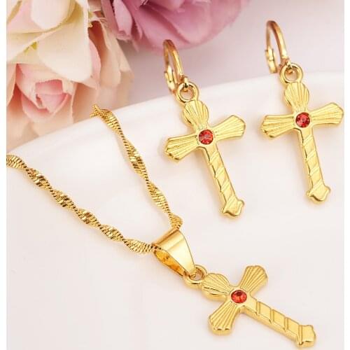 New african Jewelry Sets gold crystal Cross redzircon Pendant Necklace For Women Chain girls kids party Jewelry Dubai Arab gift