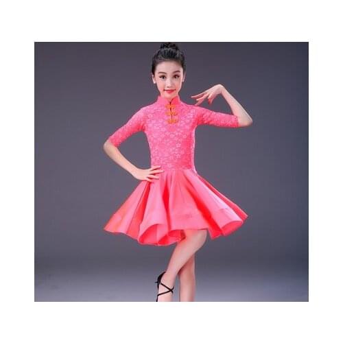 Lace Kids Newest Sexy Ballroom Dresses Tango Salsa Latin Dance Dress Children red black lace dress for girls long sleeve