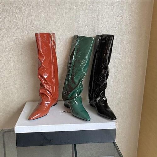 2021 Autumn Winter Genune Leather Womens Boots Zipper Pointed Toe Wedges Heels Pumps Female Party Basic Shoes Woman Heels