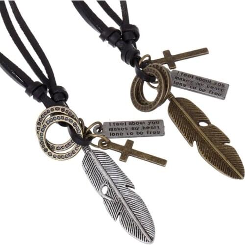 Punk Style Fashion Best Lovers' Gift Cross Charm Leaf Pendants & Necklace PU Leather Rope Statement Necklace For Women and Men