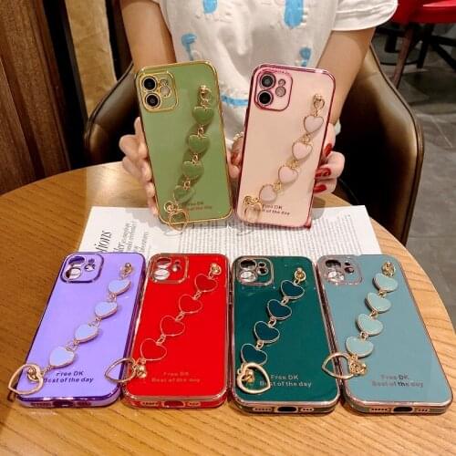 Luxury 6D Electroplate Love Heart Wrist Bracelet Case For iPhone 13 11 12 Pro X XR XS Max 7 8 6 S Plus Case Female Fashion Cover