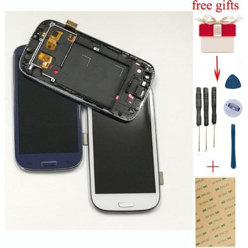 Blue / White Touch Screen Digitizer Glass Sensor + LCD Display Panel Monitor Assembly With Frame For Samsung Galaxy S3 i9300