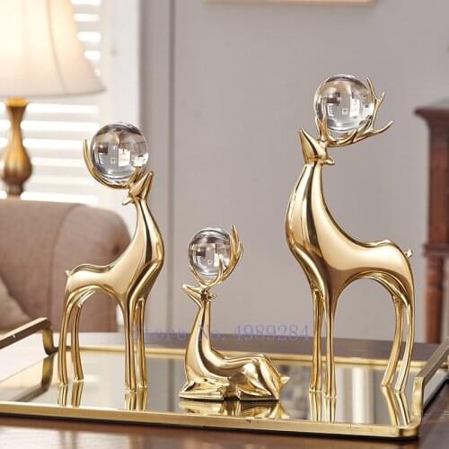 Aesthetic Luxury Metal Figurine Gold Copper Model Deer Crystal Ball Living Room Decor Home Decoration Accessories Gift
