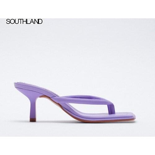SOUTHLAND 2021 new womens shoes Purple Square head flip-flops with thin straps high heels Sheep leather Sandals women