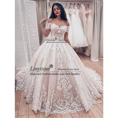 Gorgeous Lace Ball Gown Wedding Dresses 2019 Sweetheart Off The Shoulder Appliques Lace Up Back Muslim Bride Wedding Gowns