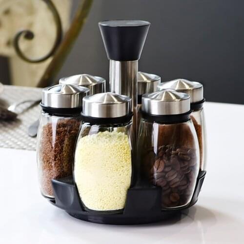 Rotating Cruet Seasoning Condiment Jars Set for Spices Pepper Sprays Bottles Salt Shakers Holder Kitchen Storage Rack Organizer