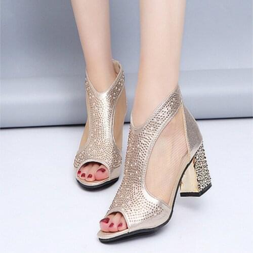 2021 New high-heeled sandals women summer thick with fish mouth new mesh breathable European and American ladies rhinestone