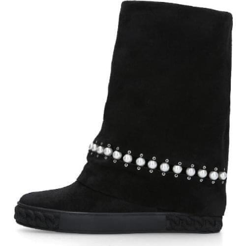 Woman Black Flock Height Increasing Boots String Bead Decoration Female Mid Calf Boots Round Toe Flat Shoes