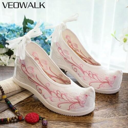 Veowalk Phoenix Embroidery Women Flock Cotton Fabric Inside Platform Shoes Vintage Chinese Style Hanfu Shoes Gray Pink White