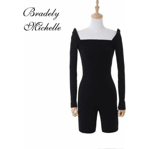 BRADELY MICHELLE Summer New Arrival Women Pure Black One-piece Rompers Square Collar and Long Sleeves Sexy Thin Playsuits