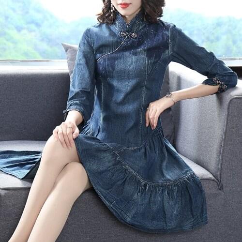 Women Denim Dress Half Sleeve Cowboy A-line Ruffled Stand Collar Vintage Short Mini Jeans Casaul Boho Cotton Dress Blue