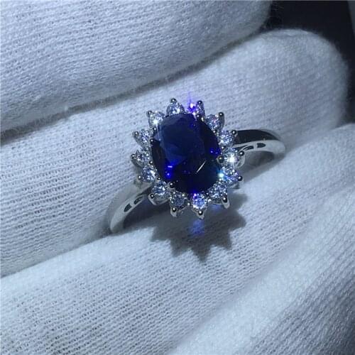 Fashion Diana Jewelry 100% Real 925 Sterling Silver ring 5A Blue zircon Stone Promise Engagement Wedding Band Ring for women men