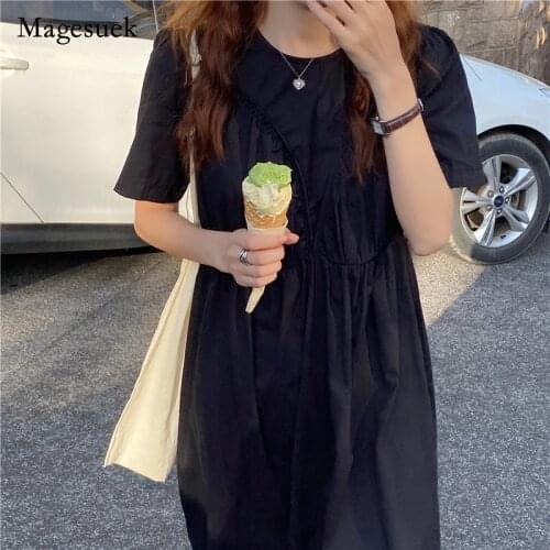 Women Fashion Long Dress Midi High Waist Korean Pleated Round Collar Blue Dresses 2021 Casual Summer Dress Loose Vestidos 14034