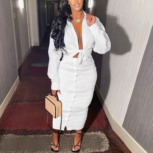 Women Two Piece Dress V-Neck Long Sleeve Tie Front Shirt & Pleated Solid Color Single Breasted Maxi Skirt Set