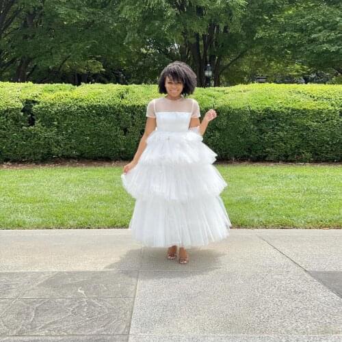 Classic White Women Summer Dress Tulle Ruffle Layered A-Line Anke length Dresses Mesh See Thru Photography Plus Size