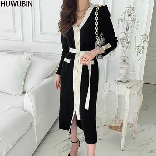 Korean Autumn New Chic High-End Temperament Slim Waist Medium And Long V-Neck High Waist Knitted Fashion Elegant Dress