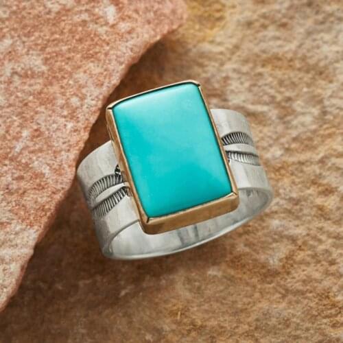 Boho Tribal Geometric Turquoises Stone Rings for Women Vintage Antique Silver Color Handmade Carved Flower Rings Indian Jewelry