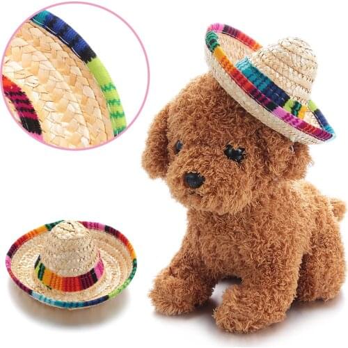 1PC Colorful Adjustable Pet Straw Hat Cat Costume Mexican Straw Cap Sombrero With Rubber Band Buckle Ornaments Pet Supplies