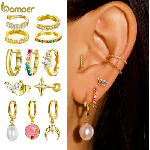 Bamoer 1PCS/Pair 925 Sterling Silver Gold-Plated Earrings Exquisite Ear Clip for Women Colorful Zircon Noble Shell Beads Jewelry