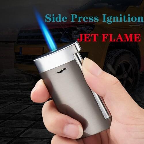 ZINC ALLOY plating butane gas lighter direct blue jet flame spray gun side press ignition fire metal cigar lighter smoking gift