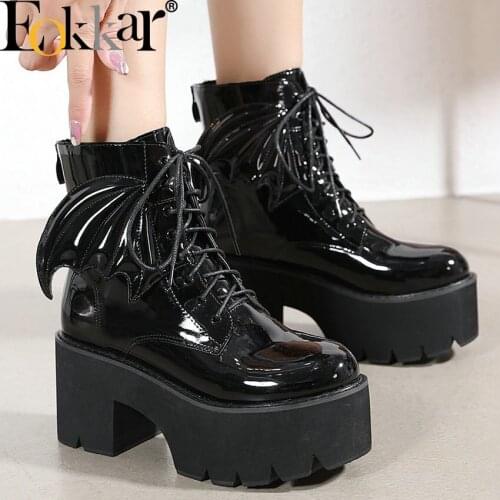 EOKKAR 2022 Gothic Patent Leather Ankle Boots Chunky Heel Platform Punk Booties for Ladies Shoes Punk Motocycle Boots