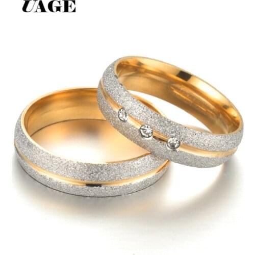UAGE Stainless Steel Couple Rings Crystal 6mm Lovers Ring Gold Color Wedding Bands Engagement Anniversary Party Jewelry Gift