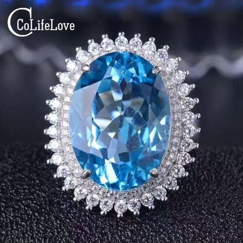 Super luxurious silver topaz ring 13 mm * 18 mm natural swiss blue topaz ring for evening party solid 925 silver topaz jewelry
