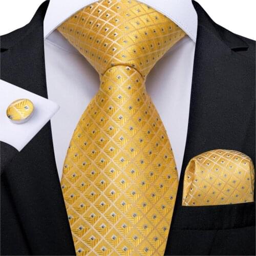Men Tie Yellow Plaid High Quality Wedding Tie For Men Tie Hanky Cufflinks Silk Tie Set DiBanGu Designer Business Party MJ-7294