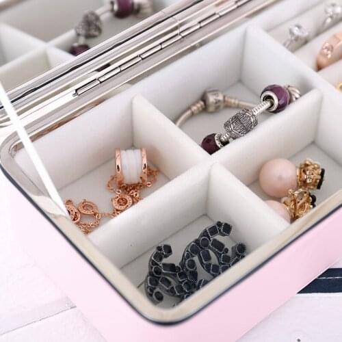 New PU Leather Jewelry Storage Box for Woman Portable Earring Necklace Storage Box with Mirror Organizador Blue Pink