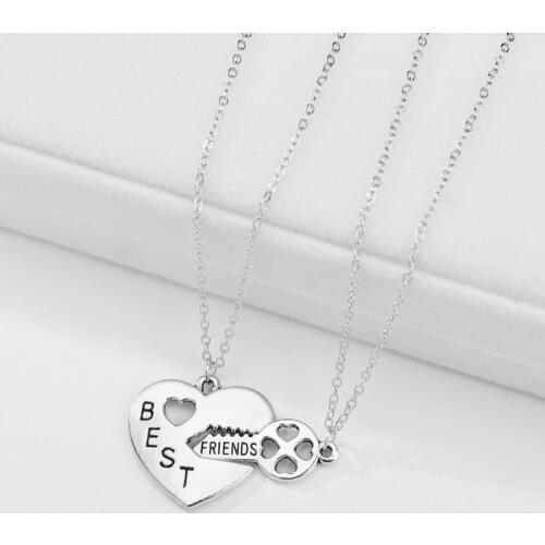 2 pcs/set Charm Key Lock Carved Heart Pendants Necklaces for Women Girls BFF Best Friends Silver Color Necklaces Jewelry Gift