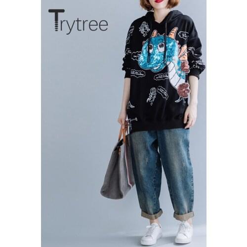 Trytree Autumn Winter Women Casual Sweatshirt Hooded Cotton Cartoon Black Pullovers Fashion Loose Office Lady Sweatshirt Tops