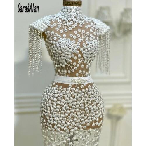 Sexy See Through Evening Dresses for Women Pearls Cap Sleeve Gitler Mermaid Prom Gowns High Neck Party Dress abiti da cerimonia